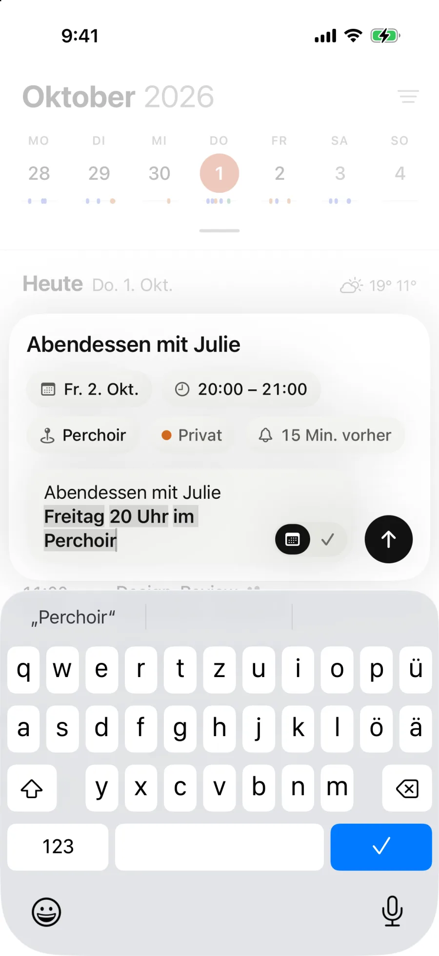 Eingabe „Abendessen mit Julie Freitag 20 Uhr im Perchoir“: Classycal zeigt Freitag, 2. Oktober, 20:00 bis 21:00, Perchoir und den Kalender Privat.