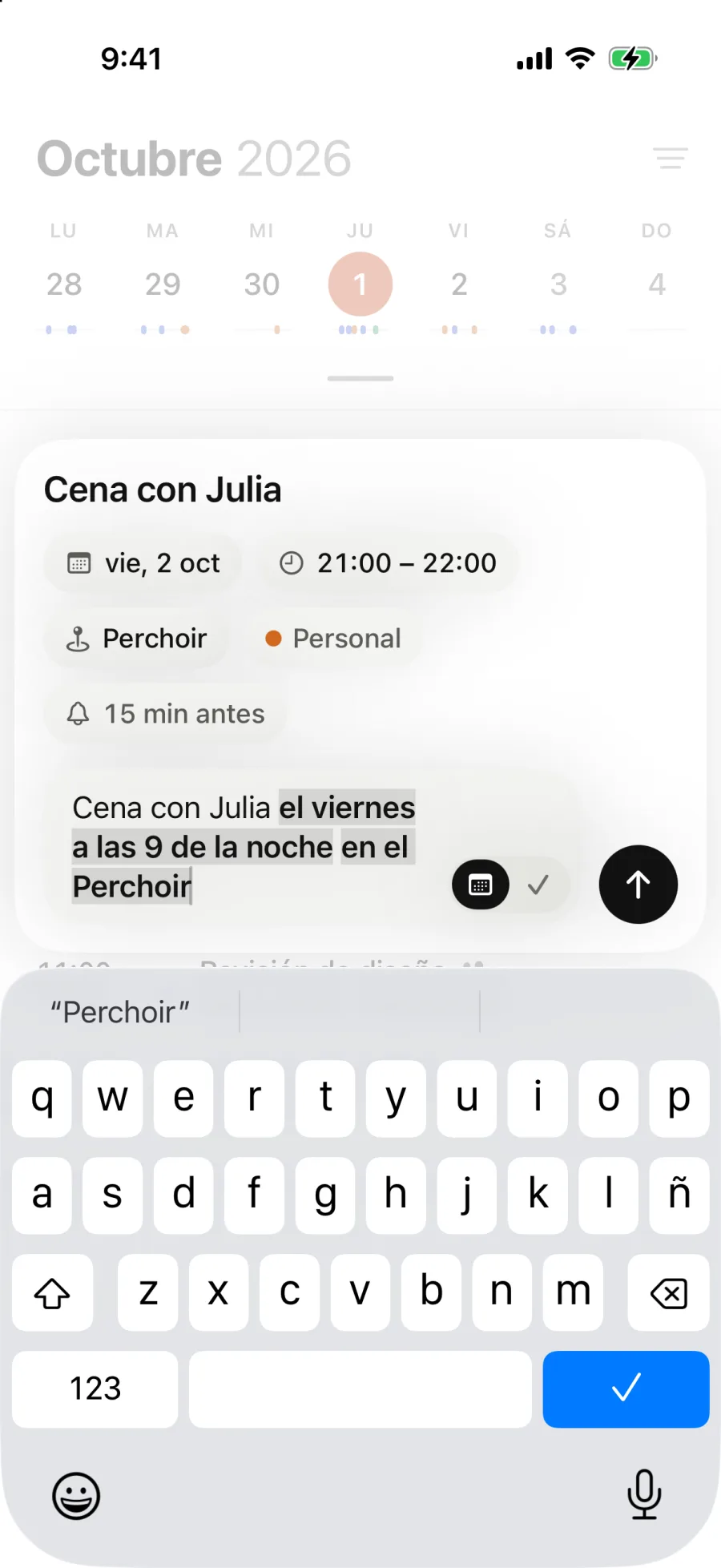Escribiendo “Cena con Julia el viernes a las 9 de la noche en el Perchoir”: Classycal muestra el viernes 2 de octubre, de 21:00 a 22:00, el Perchoir y el calendario Personal.