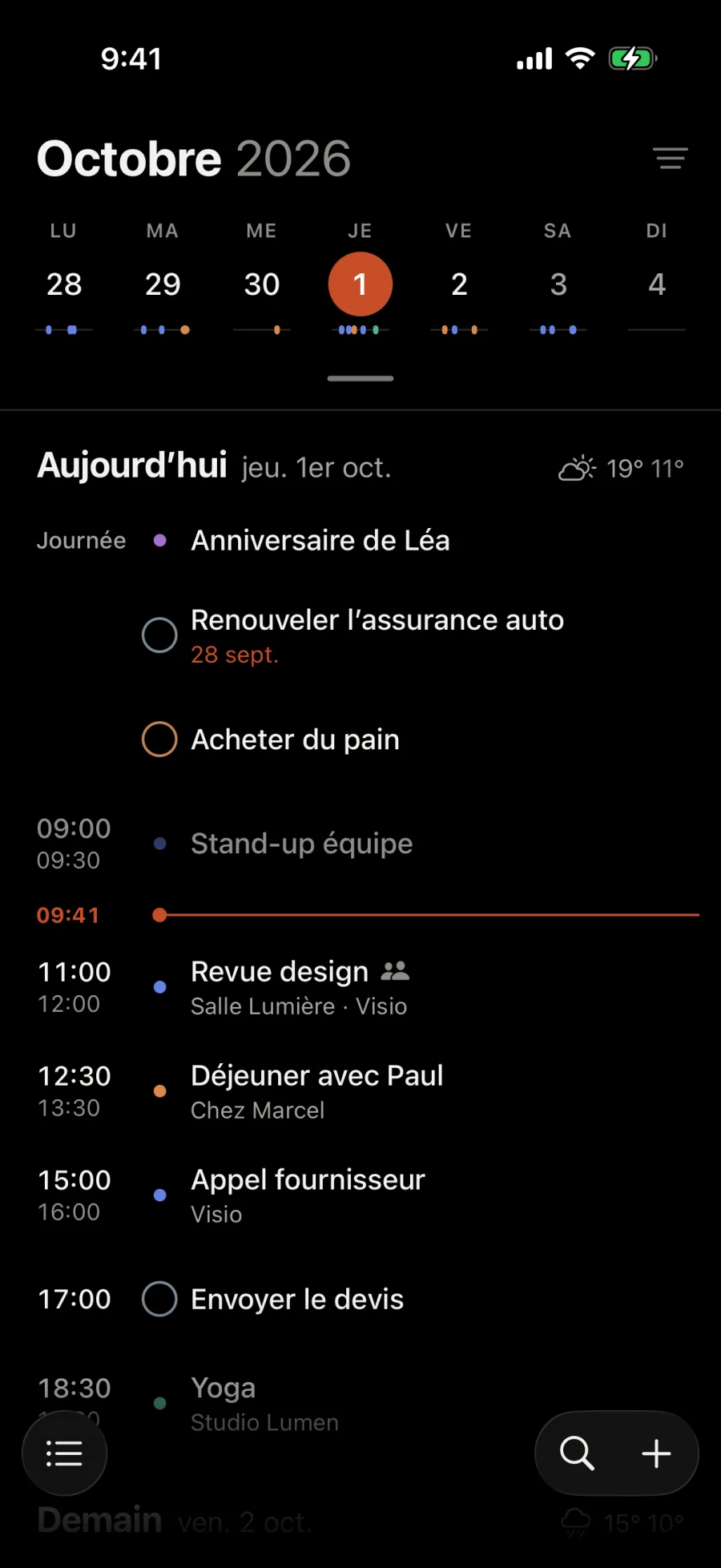 L’agenda du jeudi 1er octobre : un anniversaire, deux tâches, puis les événements du jour sous la ligne de l’heure, 9:41.