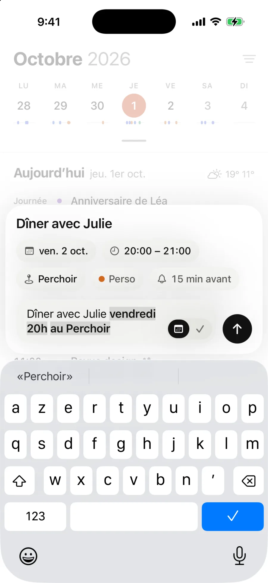 Saisie de « Dîner avec Julie vendredi 20h au Perchoir » : Classycal affiche vendredi 2 octobre, de 20:00 à 21:00, Le Perchoir et le calendrier Personnel.