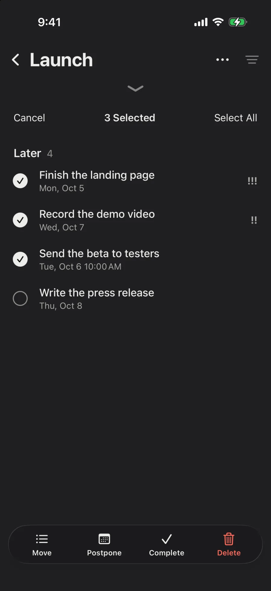 Launch, three tasks selected, with Move, Postpone, Complete and Delete at the bottom.