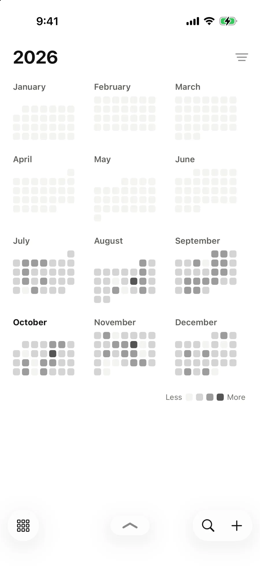 2026, every day shaded by how full it is.